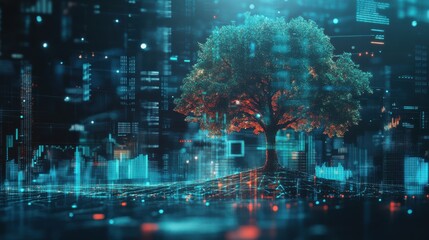 Futuristic representation of financial data intertwined with nature showing a tree amidst digital elements