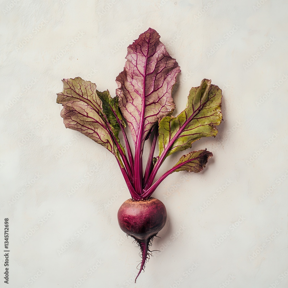 Poster fresh red beet with vibrant green leaves displayed against a neutral background highlighting its nat