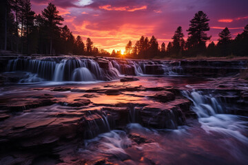 Experience enchantment of a sunset waterfall, as radiant colors of twilight sky dance upon cascading water, evoking a profound sense of tranquility and transformative power of setting sun
