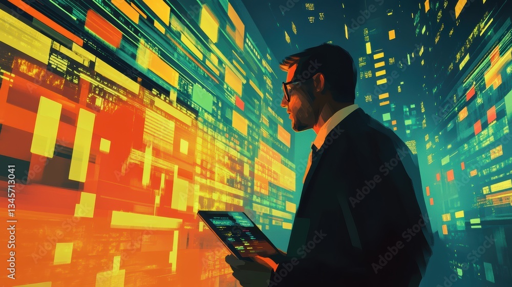 Poster dynamic representation of a trader analyzing market data in a futuristic city environment at night