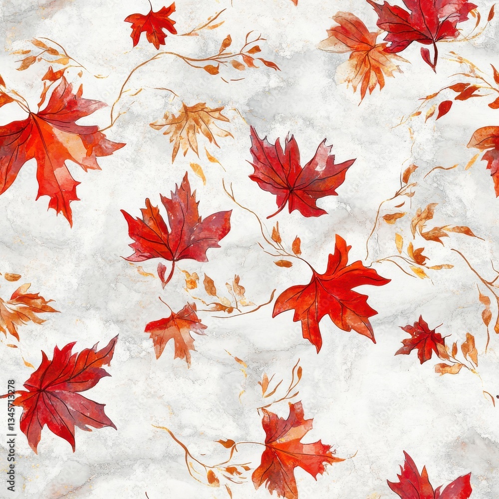 Poster vibrant watercolor doodles of autumn leaves on a soft marble background creating a lively fall atmos