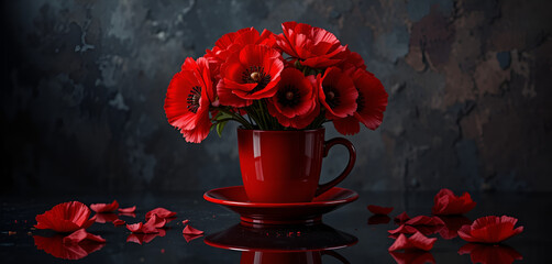 Elegant red poppy flowers arranged in a matching red teacup with saucer, delicate petals scattered on a reflective dark surface, created with Generative Ai.