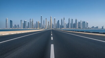 Plakat Highway leads to modern city skyline, sunny day