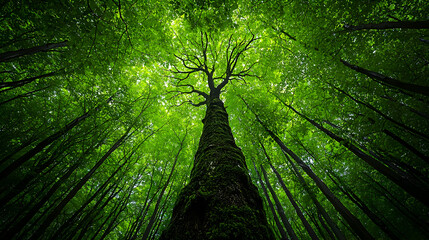 Low Angle View Of Tall Trees Reaching Upwards With Lush Green Leaves Under Bright Sunlight