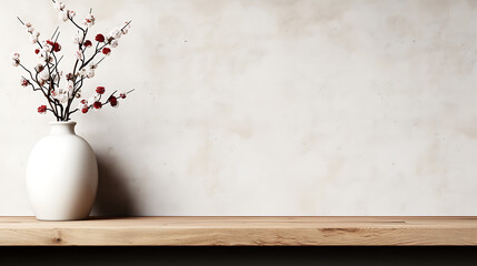 White Vase with Delicate Spring Branches on Wooden Shelf