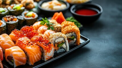 Delicious Assortment of Sushi Rolls on a Black Plate