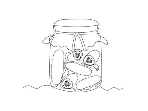 recommend clip art: Abstract vegetable cucumbers, canned pickled salted cucumbers in jar. continuous single one line art hand drawing sketch logo