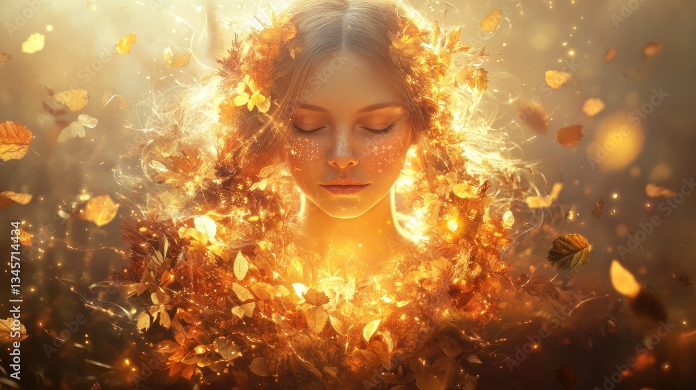 Aufkleber conceptual visualization of a glowing woman surrounded by shimmering autumn leaves in a mystical for