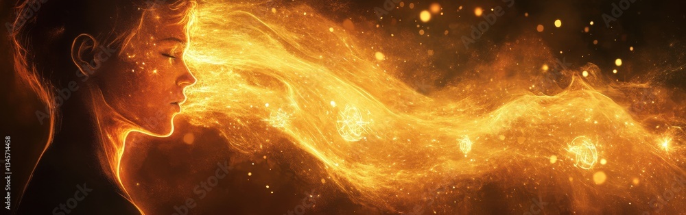 Leinwandbilder conceptual visualization of a man's profile with swirling golden energy and light effects creating a