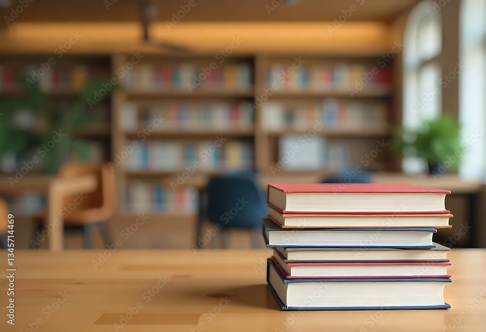 Poster generative ai image depicting a stack of books in a cozy library setting with soft lighting