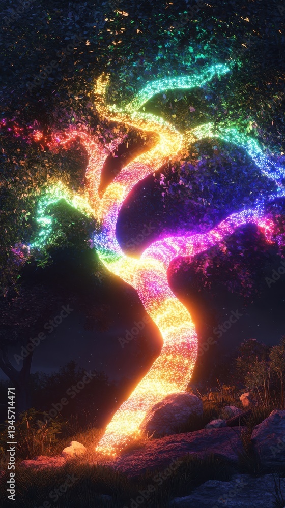 Poster conceptual visualization of a glowing tree under a starlit sky in a serene natural setting
