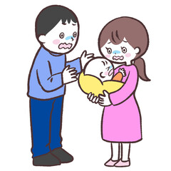 赤ちゃんを抱っこして困っている若い夫婦のイラスト
