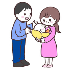 赤ちゃんを抱っこする若い夫婦イラスト