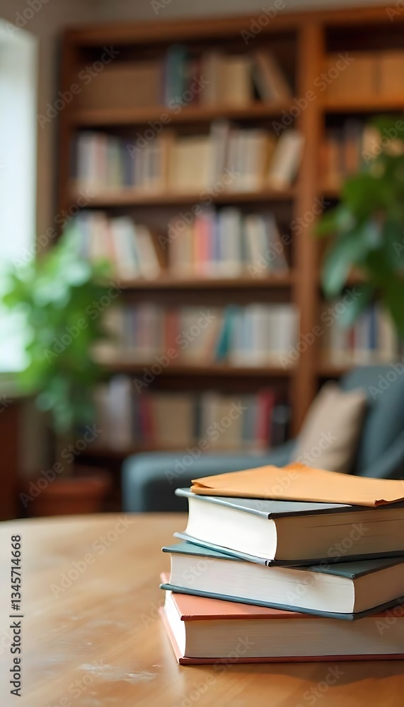 Poster generative ai depicts a cozy library setting with stacked books on a wooden table near a comfortable