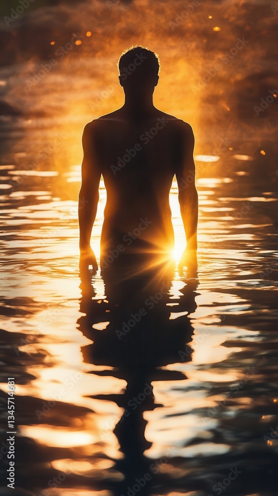 Poster man glowing with sunlight while standing in tranquil water at dusk, surrounded by mist