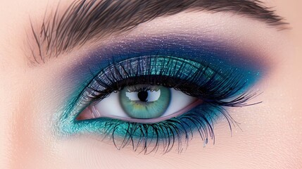 Obraz premium Trendy makeup showcases emerald green mascara and eyeliner, creating a bold yet fresh look that accentuates the eyes against a soft natural base in a beauty studio