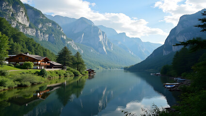Fototapeta premium Charming lakeside village with a scenic trail