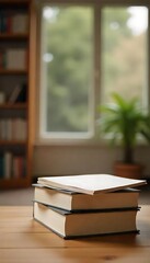 Generative AI Image, Stack of Books on Wooden Table near Window