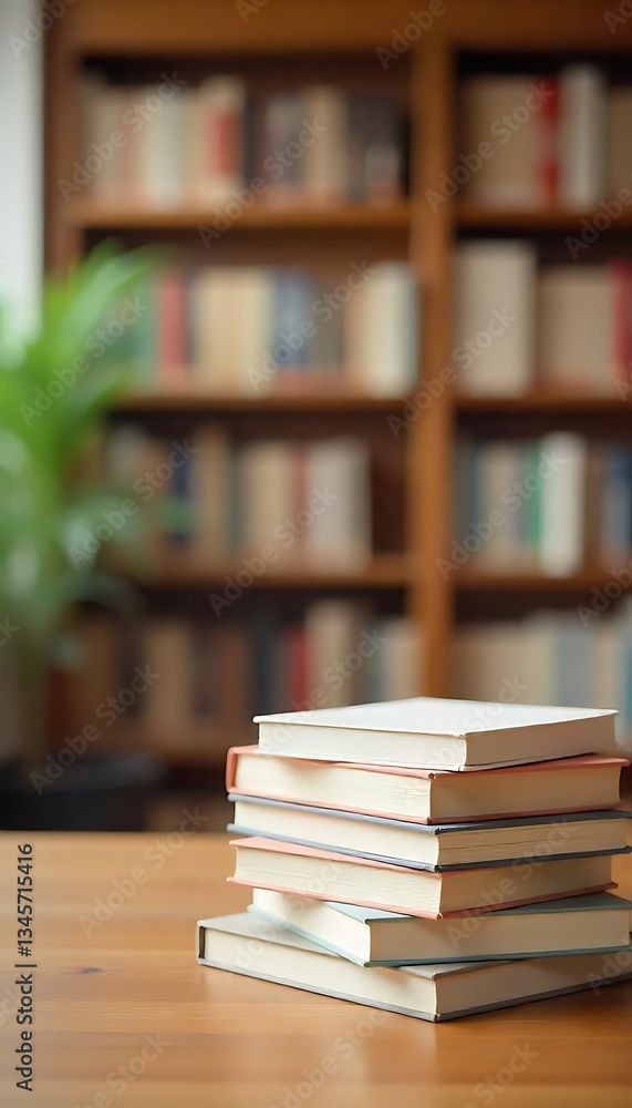Poster generative ai captures a stack of books on a wooden table in a library setting, creating a cozy and 