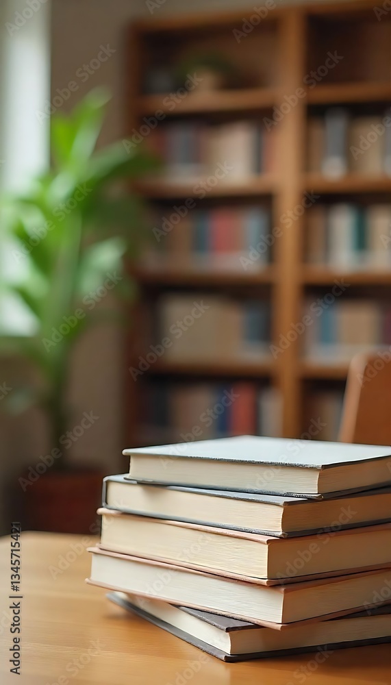 Poster generative ai image of stacked books on wooden table in library