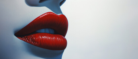 A high-resolution, hyper-realistic close-up of luscious red lips and a beautifully sculpted nose, softened with tones of dark azure and light gray against a pristine white backdrop