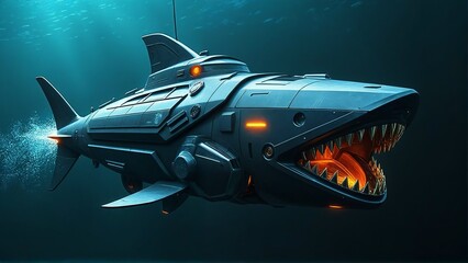 Generative A.I. creates a futuristic shark-shaped submarine with a sleek metallic body, glowing lights, and razor-sharp teeth, blending marine and sci-fi aesthetics for a cutting-edge design
