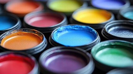 Fototapeta premium Vibrant Spectrum of Paint Colors in Small Containers