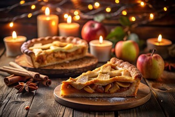 Night Photography: Warm Apple Pie Slice, Rustic Wooden Table, Starry Sky