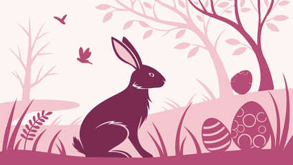 Fototapeta premium Stylized easter scene with rabbit birds eggs and trees in shades of pink and purple. Perfect for Spring Invitations, Holiday Branding, and Creative Event Projects