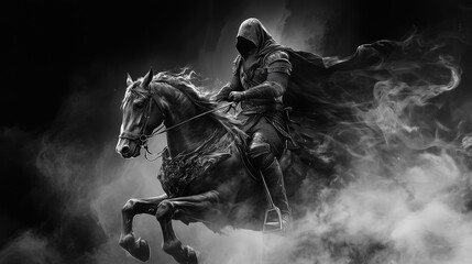 Fototapeta premium A hooded knight in full gallop on his steed, the black and white fantasy scene engulfed in smoky swirls