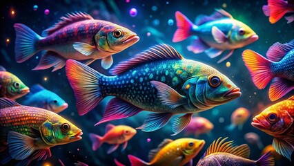 Fototapeta premium Nighttime Aquarium Fish, Underwater Glow, Printable Fish Images, Vibrant Colors, Ocean Life