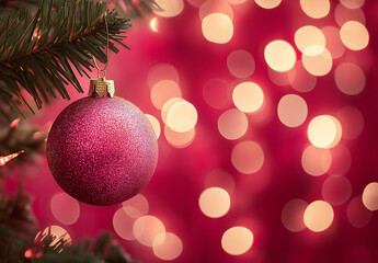 Fototapeta premium Close-Up of a Pink Christmas Ornament Hanging on a Festive Tree with Soft Bokeh Lights in the Red Background – High-Resolution Holiday Photography
