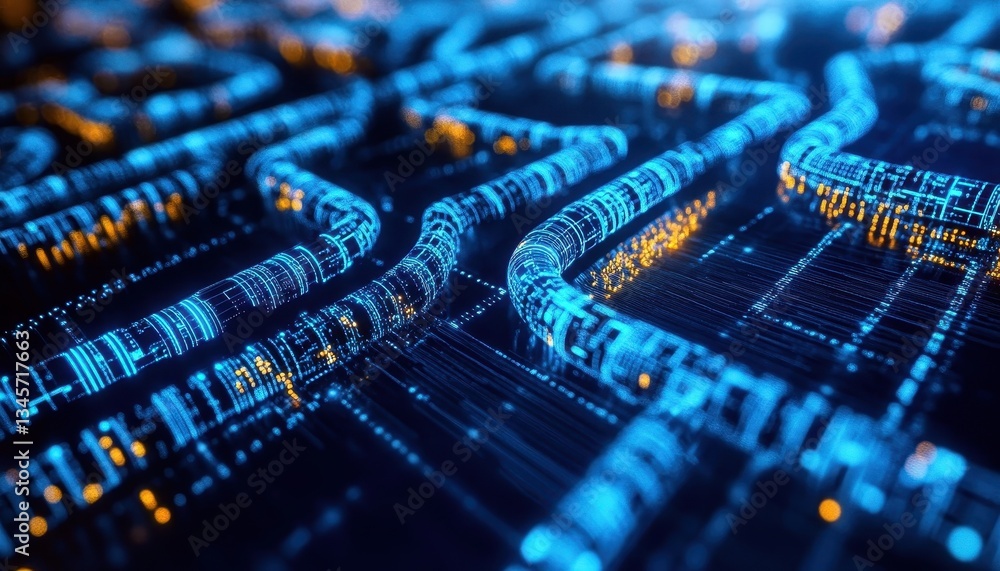 Poster Abstract Digital Data Network Flow with Glowing Blue and Orange Lines