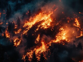 Aerial View of Intense Wildfire at Night