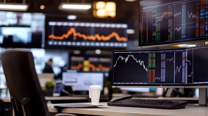 Futuristic trading floor featuring large LED screens displaying dynamic market data and advanced technology.
