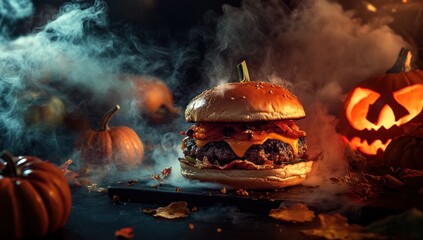 spooky burger delight a halloween themed gastronomic experience amidst smoky haze and glowing jack-o'-lanterns