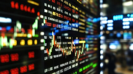 Naklejka premium Futuristic trading floor featuring large LED screens displaying dynamic market data and advanced technology.