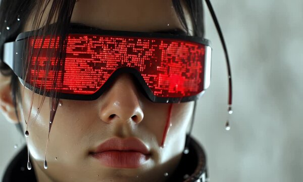 Person wearing hi-tech red-glowing visor with droplets. Futuristic and intense portrait