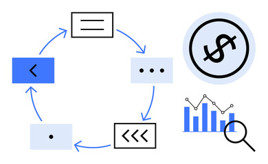 Obraz premium Circular process flow chart with arrows connecting abstract symbols, a magnified data chart, and a dollar sign element. Ideal for business strategy, finance, project planning, analytics, growth