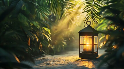 Illuminated Path: A Glowing Lantern in a Lush Tropical Garden
