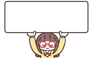 申し訳なさそうに看板掲げるメガネ女子学生イラスト