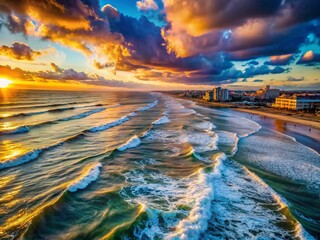 Panoramic Aerial View Wildwood NJ Sunrise Ocean Waves Crashing Shore Cloudy Sky
