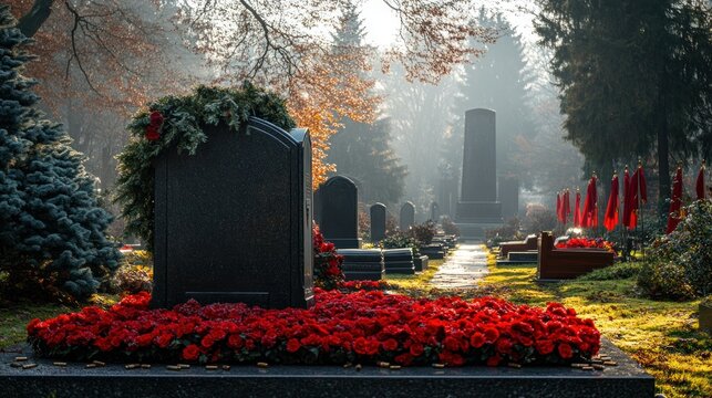 Mournful cemetery scene with fresh flowers and wreaths