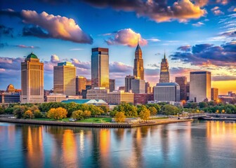 Obraz premium Panoramic Cleveland Skyline, Ohio Cityscape, Urban Landscape, Downtown Architecture, Lake Erie View