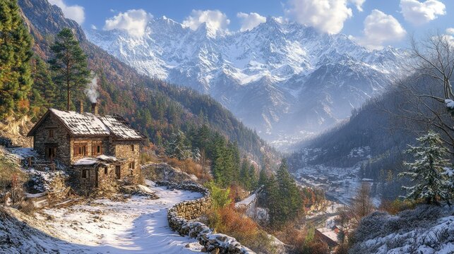 Mountain village nestled in valley, snow-capped peaks