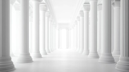 White colonnaded hall, light, empty, perspective, interior, architectural, design, digital image, use for background