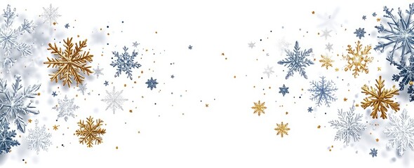 A snowflake with a gold center is surrounded by other snowflakes. A simple vector illustration of snowflakes and stars in gold, silver, and blue colors on a white background.
