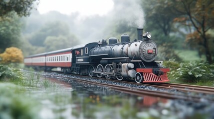 Obraz premium Vintage steam train in a misty forest