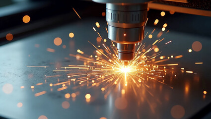 Close-up of CNC laser cutting machine precisely engraving an intricate design on a stainless steel sheet, with bright sparks flying and a sharp contrast between the molten cut area