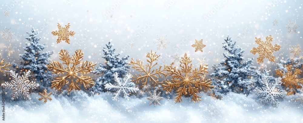 Poster a snowy landscape with a row of trees and snowflakes. a simple vector illustration of snowflakes and